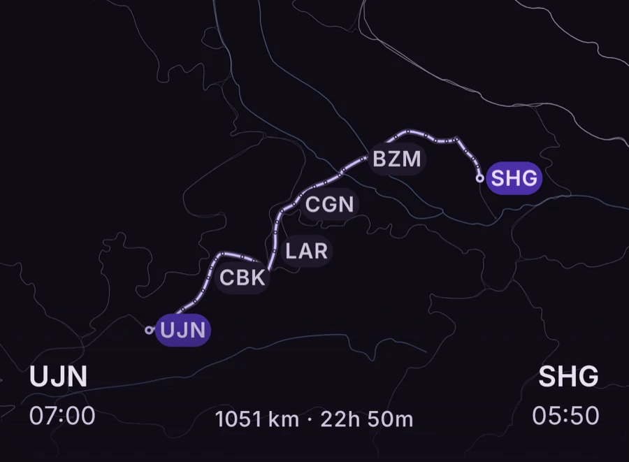 A route map from Ujjain to Shahganj, 1051 km and 22 hours 50 minutes, with the stops marked by their station codes.