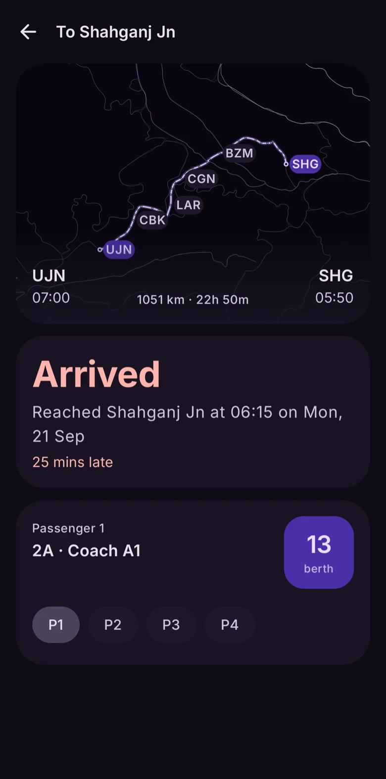 A finished trip: arrived at Shahganj Jn at 06:15 on Monday 21 September, 25 minutes late.