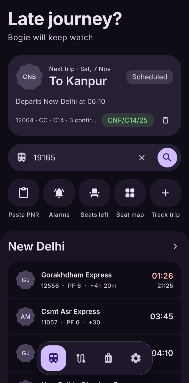 Bogie's home screen: the next trip to Kanpur, quick actions, and live departures from New Delhi.
