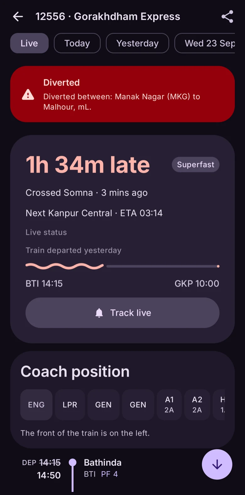 The train screen for 12556 Gorakhdham Express: a diversion notice, how late it is running, where it was last seen, and the next stop.