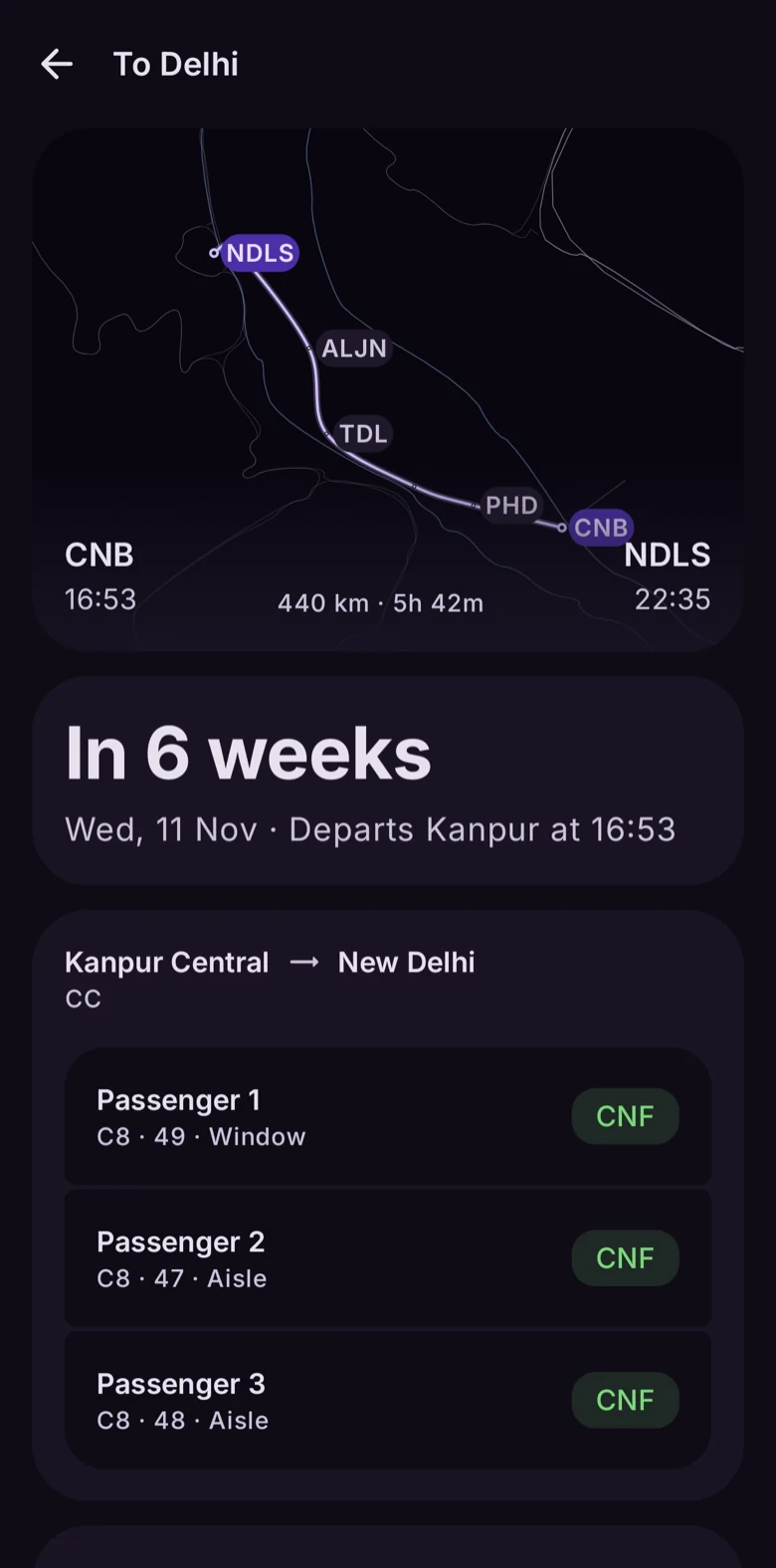 Bogie's trip screen for a trip to Delhi in November: the route on a map, a countdown, and three confirmed seats in coach C8.