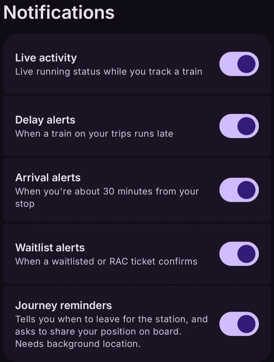 Bogie's notification settings: live activity, delay alerts, arrival alerts, waitlist alerts and journey reminders, all switched on.